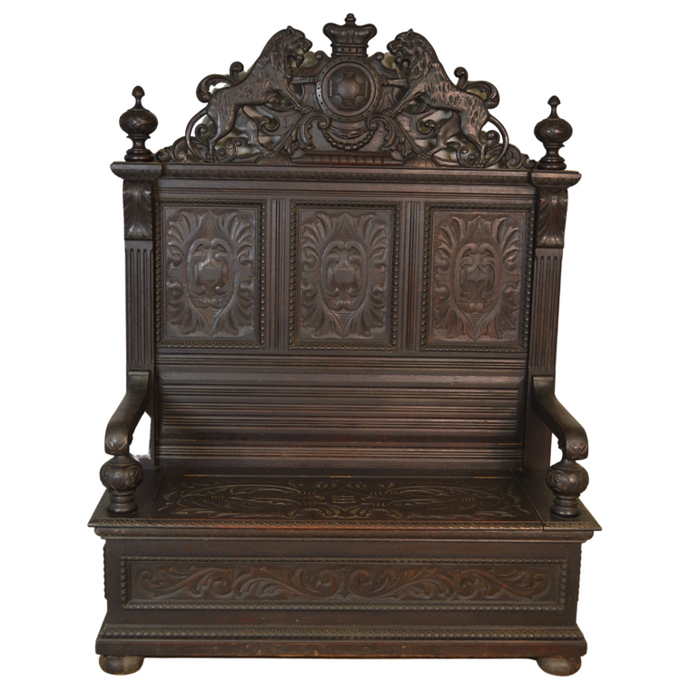 SOLD Antique Hall Bench, Carved Oak Oversize Bench with Full Body Lions