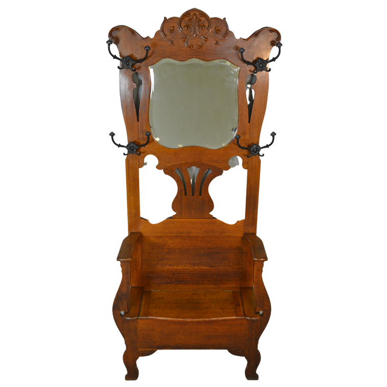 SOLD Antique Hall Tree, Victorian Carved Bevel Glass Mirror Oak Storage Bench