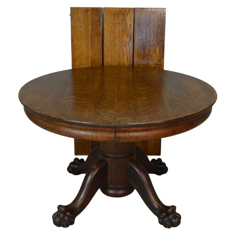 SOLD Antique Dining Table, Round Oak Claw Foot Dining Room Table with 3 Leaves