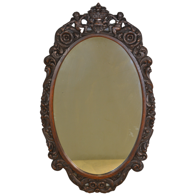 SOLD Antique Wall Mirror, Victorian Oak Heavily Carved with Cupids Wall Mirror