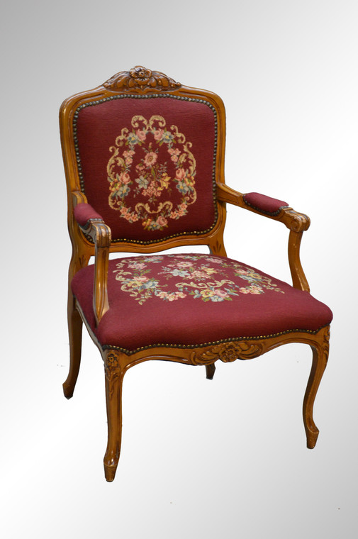 SOLD French Carved Needlepoint Arm Chair