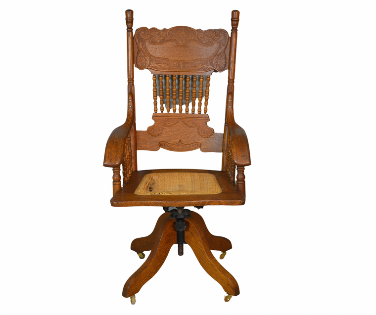 SOLD Antique Office Chair, Victorian Oak Press Back Swivel Tilt Office Chair