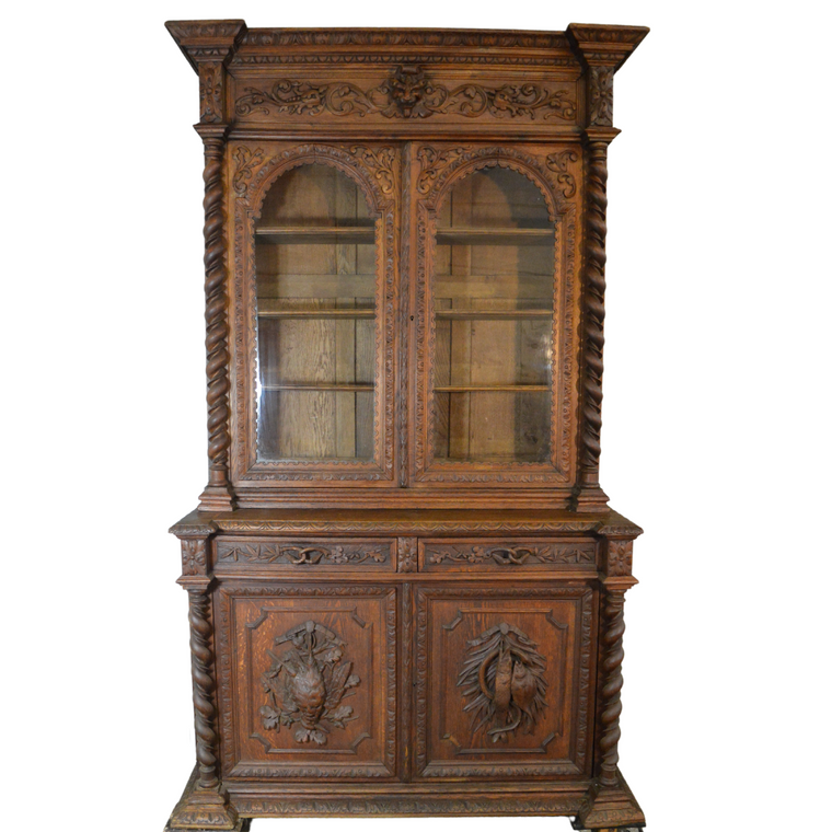 SOLD Antique China Closet, Oak Carved Bookcase or Cupboard