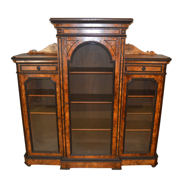 SOLD Antique Bookcase, Victorian Burl Walnut Breakfront Bookcase