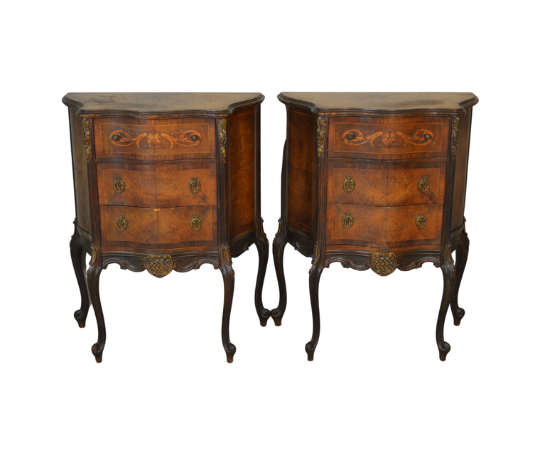 SOLD Antique Burl Walnut French Inlaid Nightstands - Pair