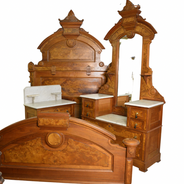 SOLD Antique Bed Set, Victorian 3 Piece Burl Walnut Bedroom Suite
