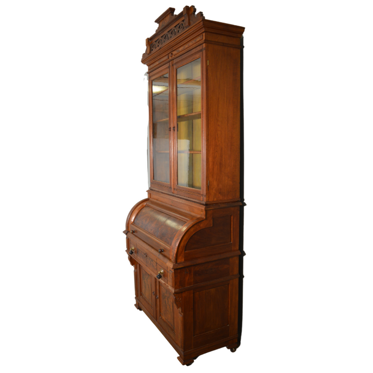 SOLD Antique Cylinder Victorian Burl Walnut Bookcase Desk