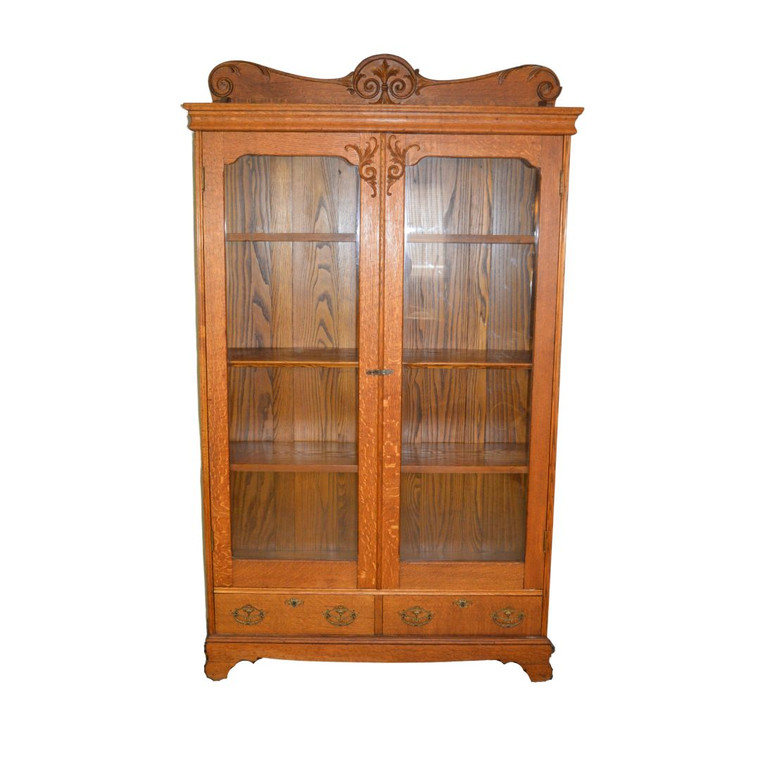 SOLD Antique Bookcase, Oak Bookshelf with Two Glass Doors