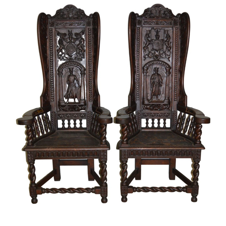 SOLD Unusual & Rare Oak Wing Back Throne Chairs - Carved Figural Details