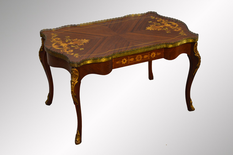 SOLD French Inlaid Coffee Table with Brass Trim
