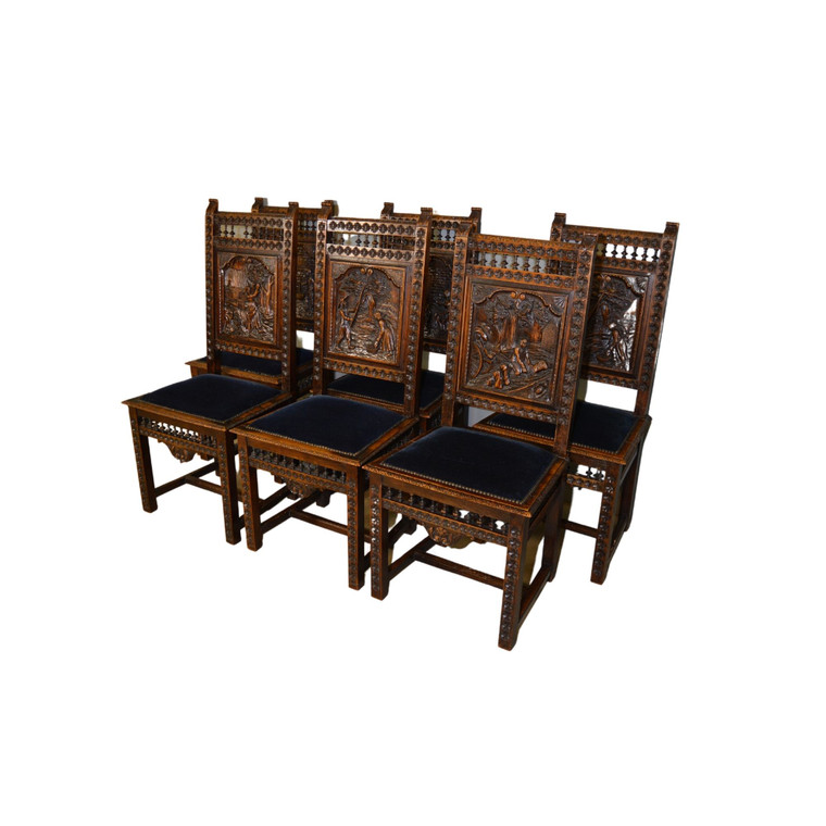 SOLD Antique Set of 6 Walnut Relief Carved Dining Chairs Story Telling Chairs