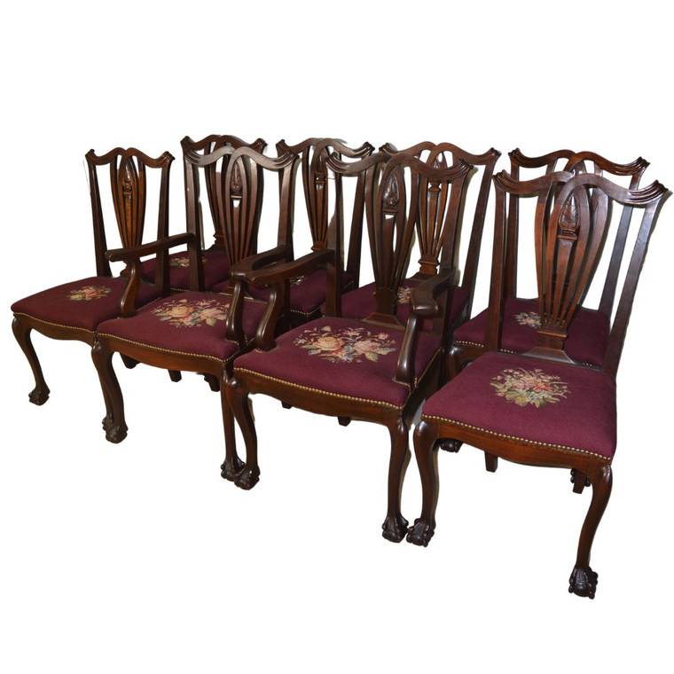 SOLD Antique Dining Room Chairs, Set of 8 Needlepoint Seats