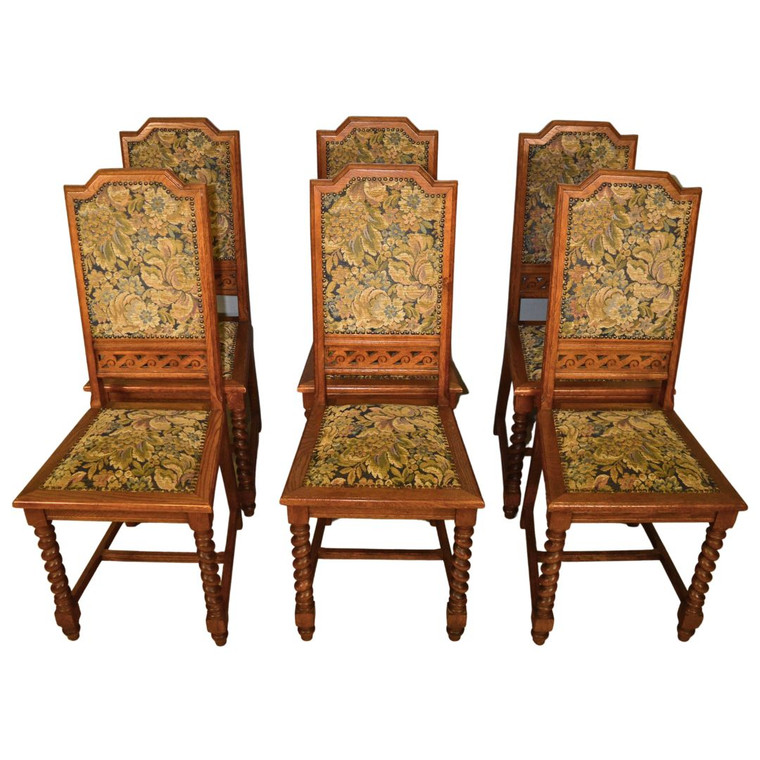 SOLD Antique Set of 6 Oak Barley Twist Deco Style Dining Chairs