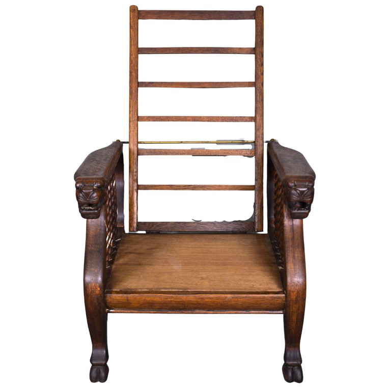 SOLD Antique Oak Morris Chair with Lion Heads and Claw Feet