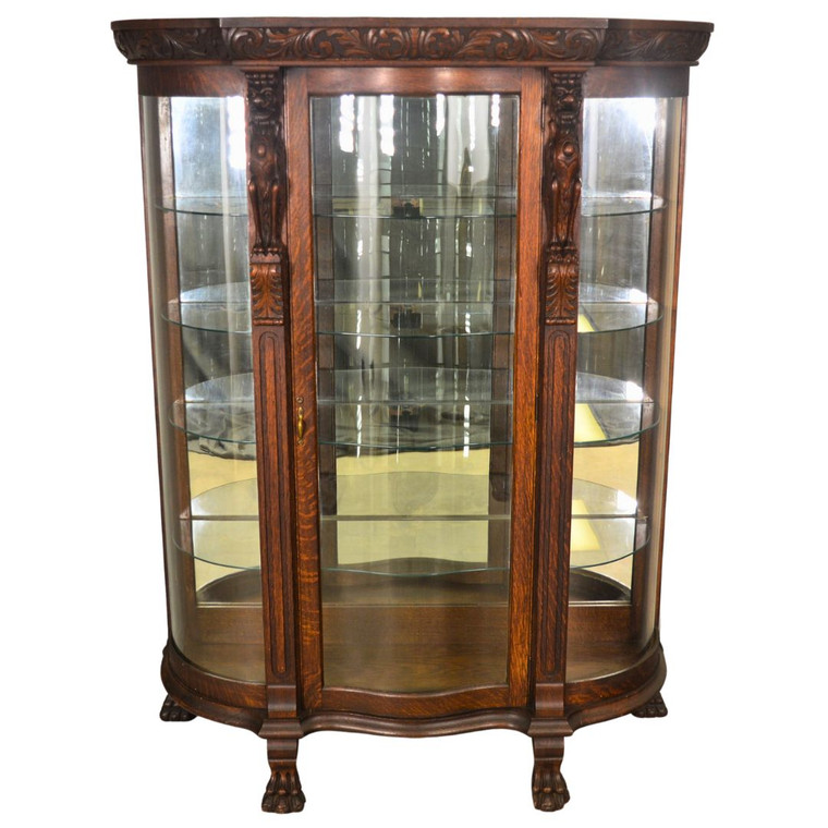 SOLD Antique Large Carved Lion Body Curved Glass China Closet