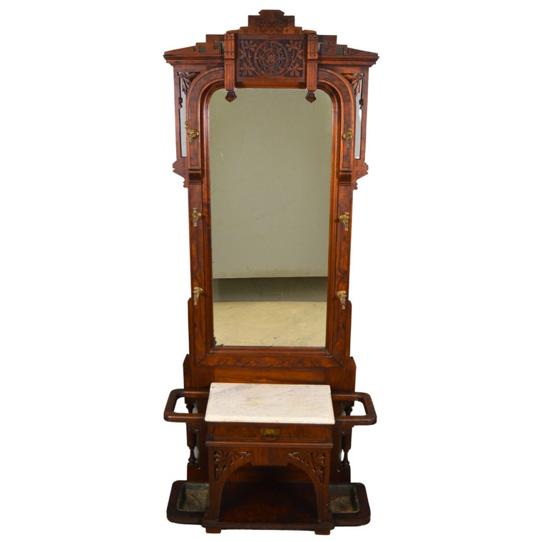 SOLD Antique Victorian Marble Top Burl Walnut Hall Tree