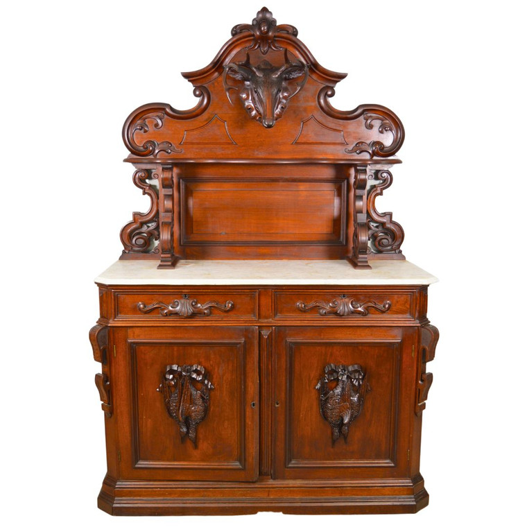 SOLD Antique Victorian Sideboard Marble top Huntsboard with Deer Head