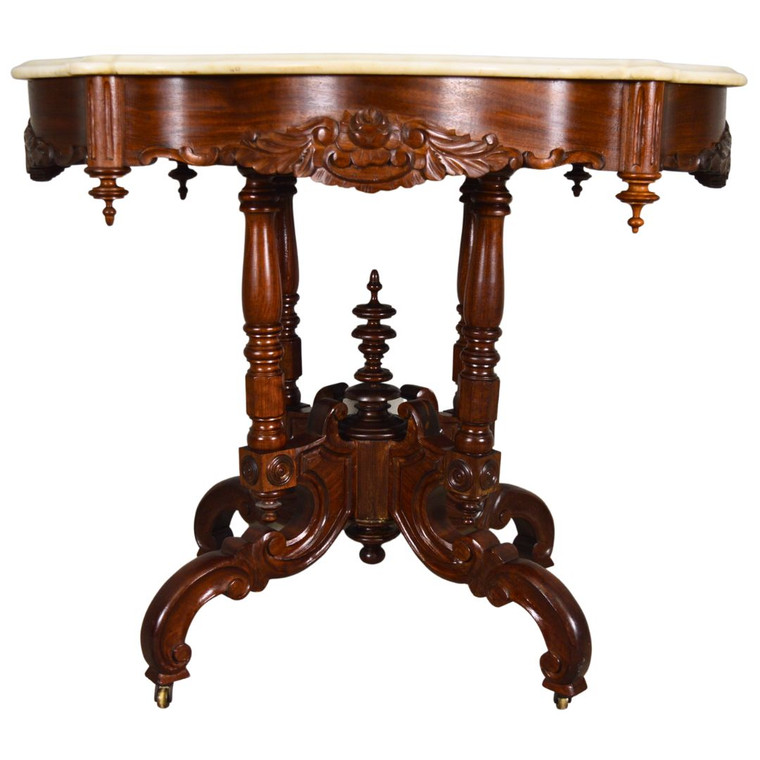 SOLD Antique Victorian Heavily Carved Marble Top Turtle Top Center Table