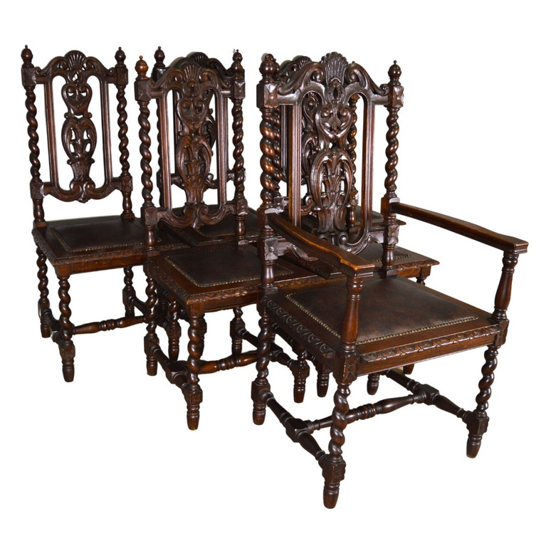 SOLD Antique Set of Six Heavily Carved Oak Dining Chairs