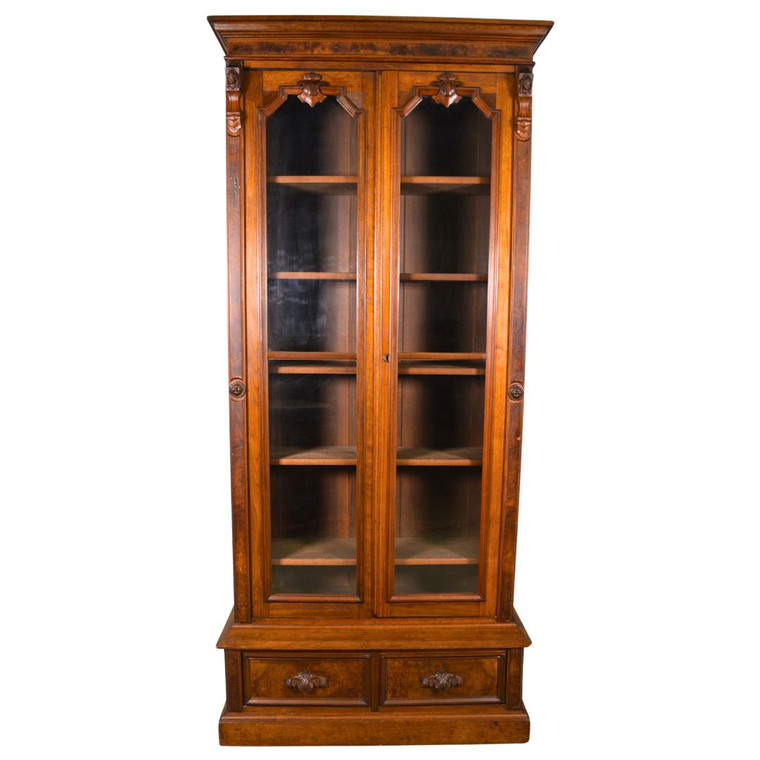 SOLD Antique Victorian Walnut Bookcase w/ Jenny Lind Heads