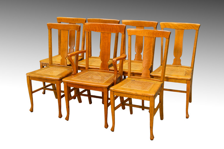 SOLD Set of Seven Tiger Sawn Oak Dining Chairs