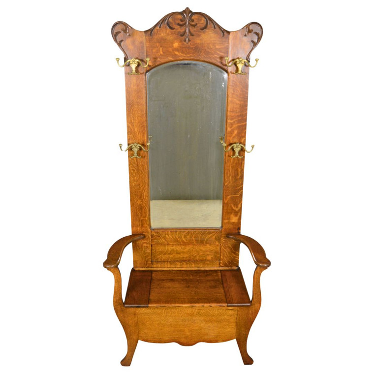 SOLD Antique Victorian Carved Oak Lift Top Hall Tree with Bevel Mirror