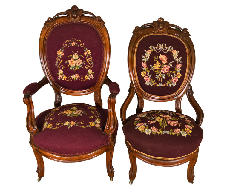 SOLD Antique Pair of Victorian Needlepoint Gent’s and Lady’s Chairs