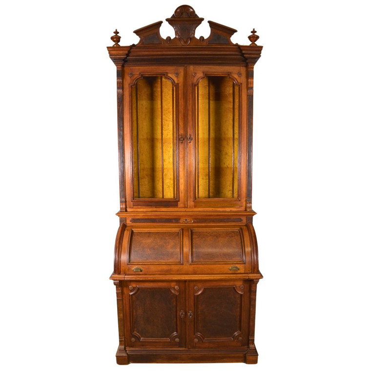 SOLD Antique Victorian Renaissance Walnut Cylinder Secretary Desk with Inlaid