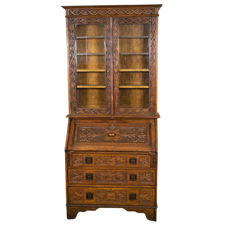 SOLD Antique Oak Carved Slant Top Secretary Bookcase Desk