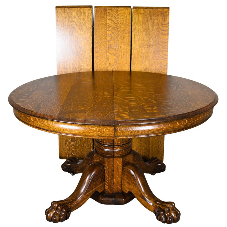 SOLD Antique Round Oak Claw Foot Split Base Table w/3 Leaves