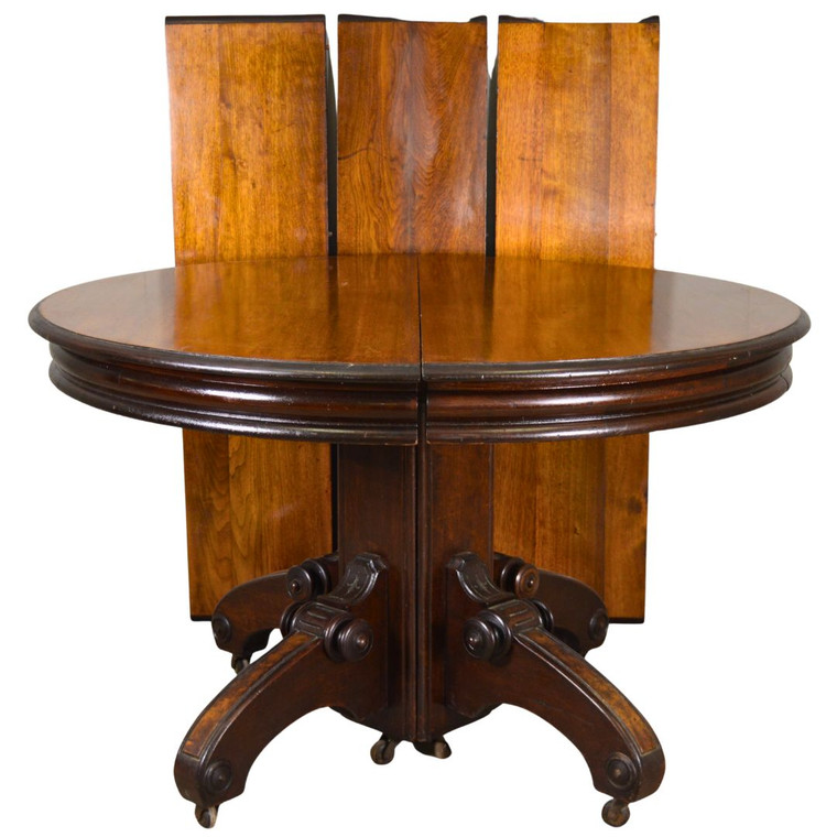 SOLD Antique Victorian Round Walnut Banquet Table –3 Leaves