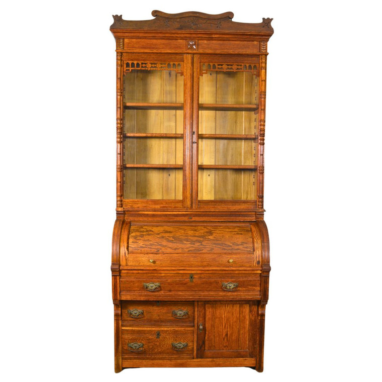 Antique Oak Cylinder Carved Secretary Desk – Unusual #22046