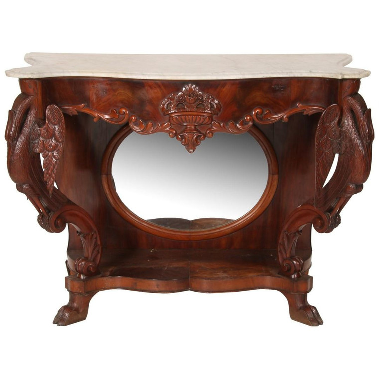 SOLD Antique Swan Carved Mahogany Marble Top Console Table