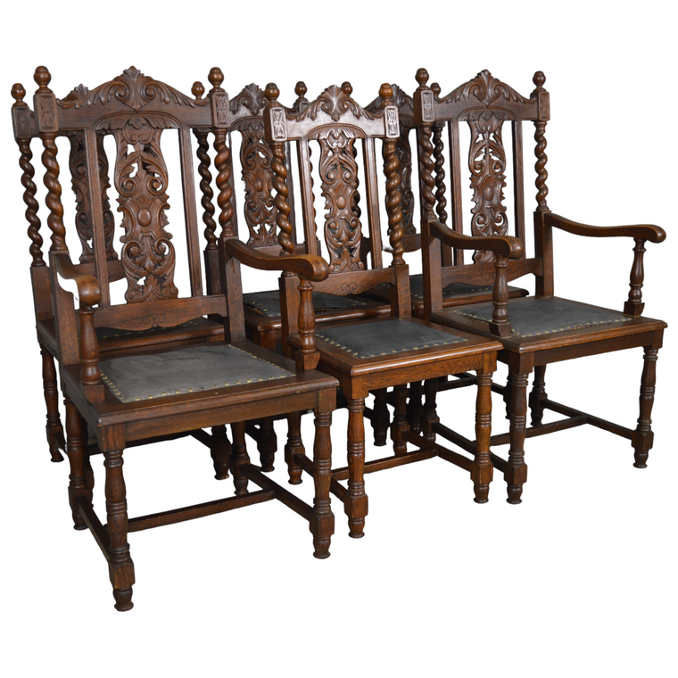 SOLD Antique Set of 6 Oak Heavily Carved Dining Chairs