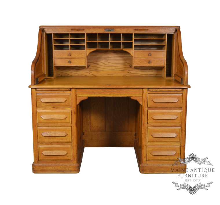 SOLD Antique Oak Raised Panel Roll Top Desk by Derby