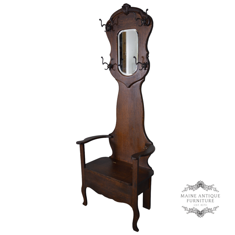 SOLD Antique Oak Hall Tree with Bevel Mirror and Hooks