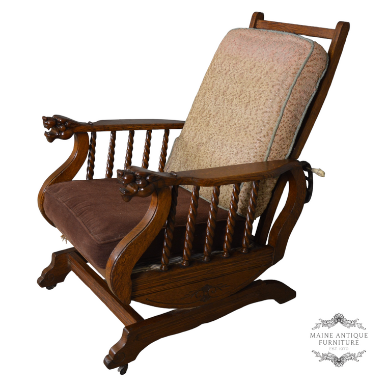 SOLD Antique Victorian Oak Lion Head Barley Twist Carved Rocking Morris Chair