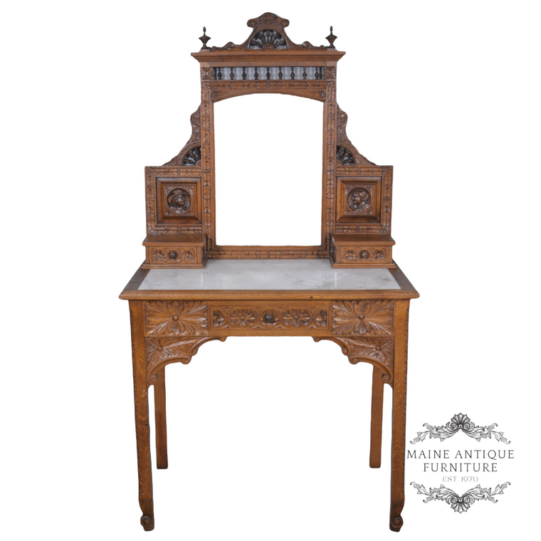 SOLD Antique 1890s Oak Marble Top Vanity Writing Desk with Bevel Mirror