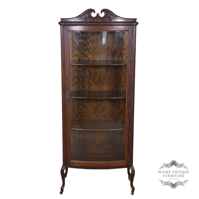 SOLD Antique 1890s Oak Curved Glass Curio Cabinet with Original Key