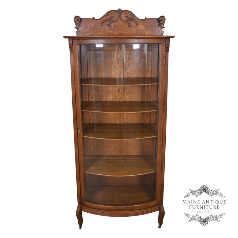 SOLD Antique 1890s Oak Curved Glass China Closet with Cabriole Legs