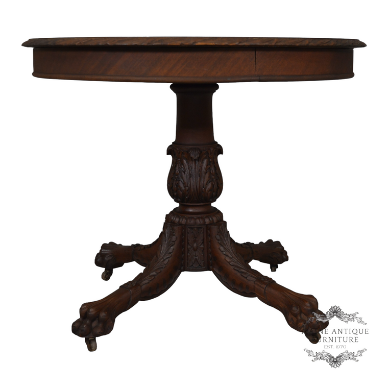 SOLD Antique 1890s Mahogany Acanthus Carved Center Table with Claw Feet