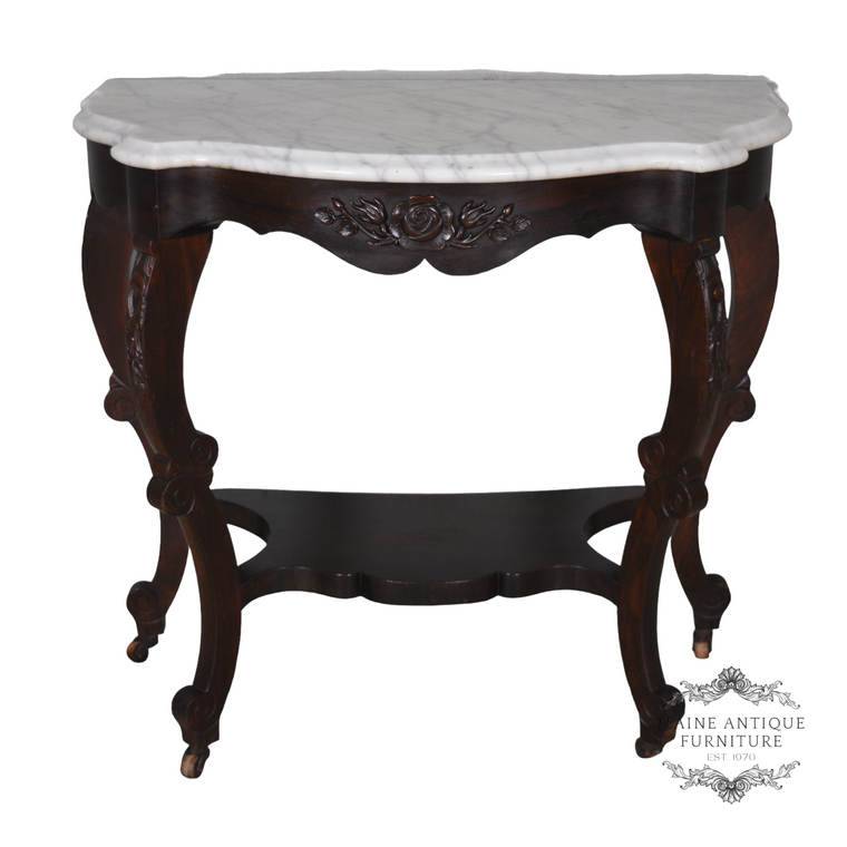 SOLD Antique Victorian Carved Marble Top Demi Lune Table