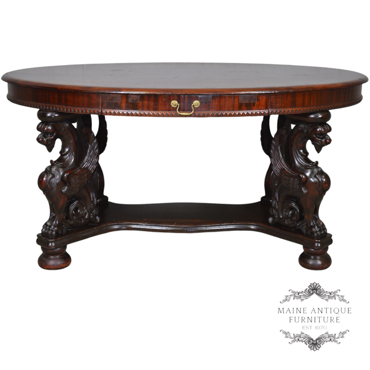 SOLD Antique Mahogany Oval Library Table with Standing Griffins – Horner Style
