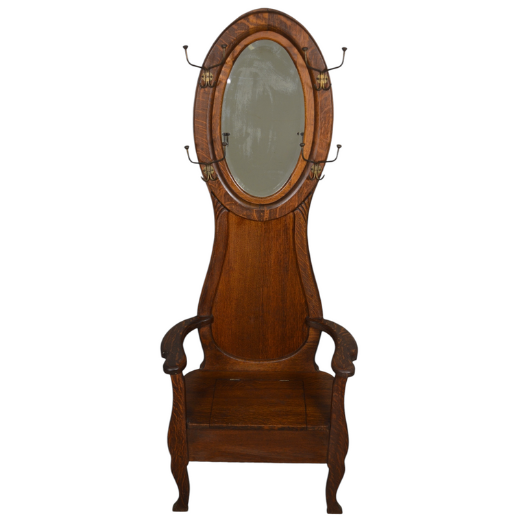 SOLD Antique Victorian Oak Bevel Mirror Hall Tree - Original Finish, Storage Seat