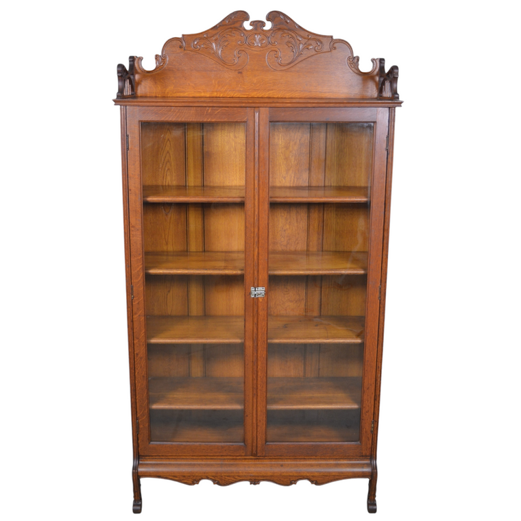 SOLD Antique Carved Oak Double Door Bookcase - 1890s, Wavy Glass, Four Shelves