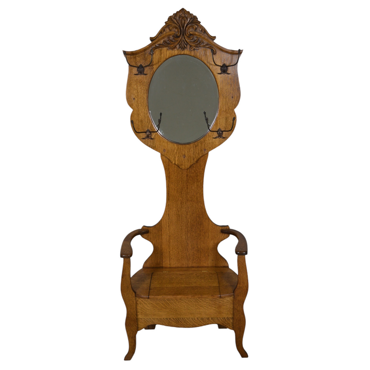 SOLD Antique Oak Carved Bevel Mirror Hall Tree - Tiger Sawn, 1890s, Lift Seat