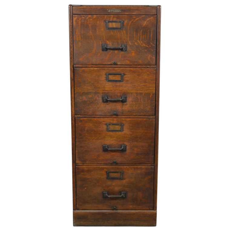 SOLD Antique Oak Four Drawer File Cabinet – Legal Size, Warner Maker, 1890s