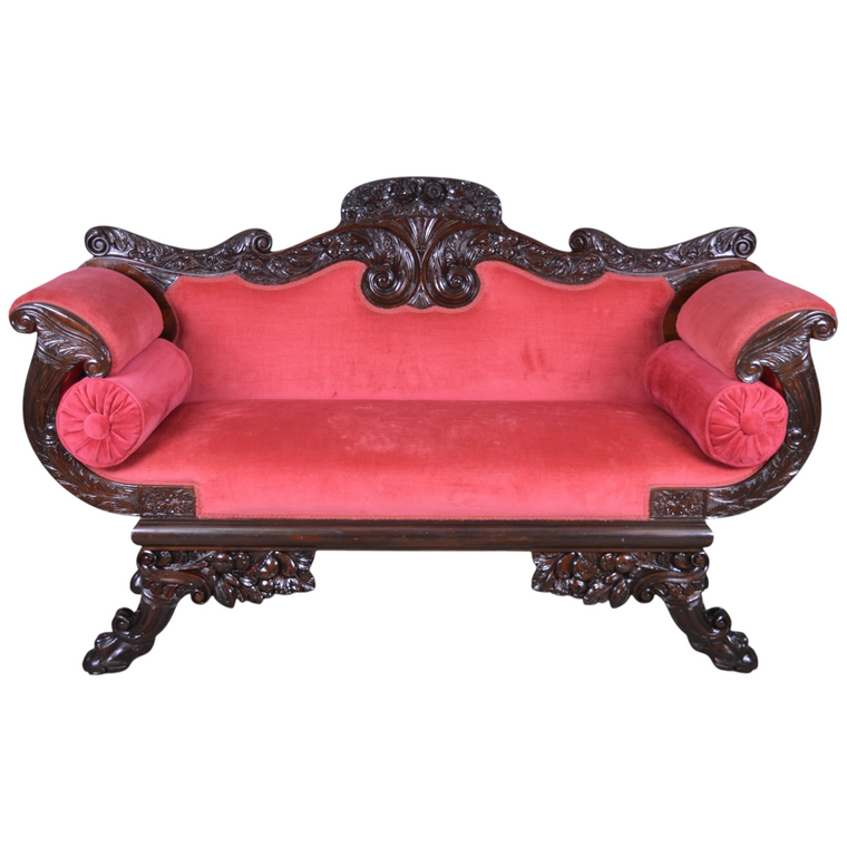 SOLD Antique Federal Carved Claw Foot Sofa – 1880s, Floral Scroll Details