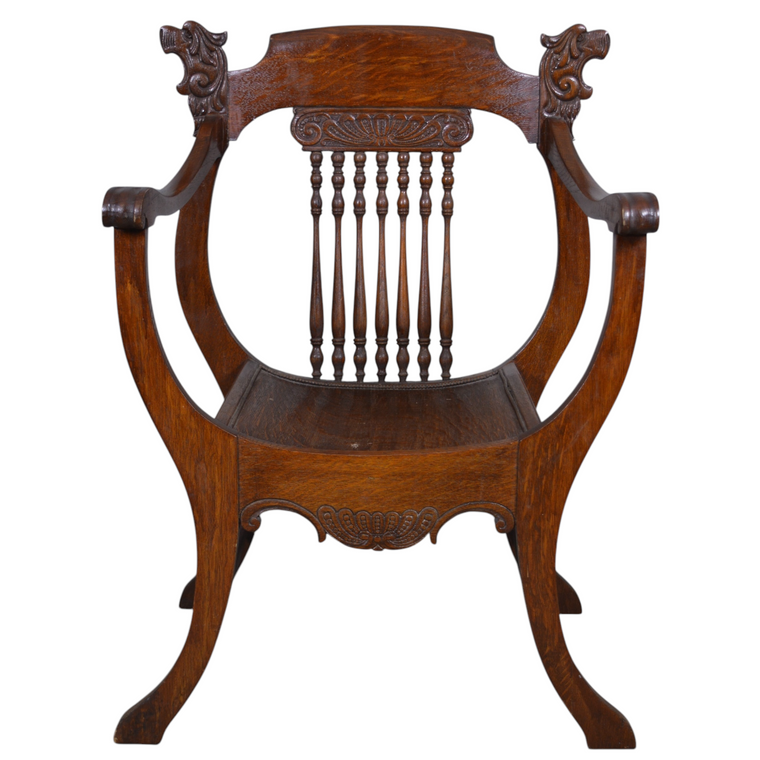 SOLD Antique Tiger Sawn Oak Lion Head Armchair – Open Arms, Carved