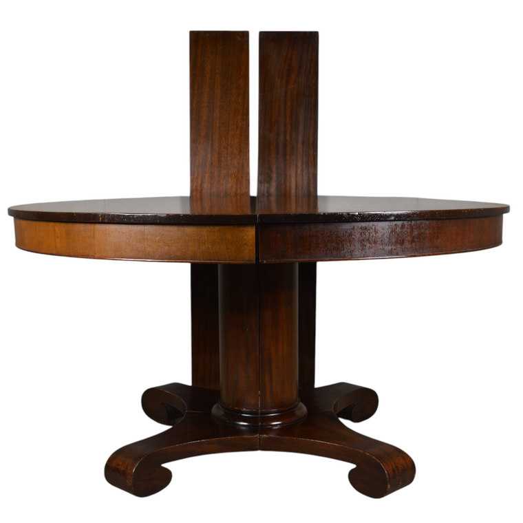 SOLD Antique Round Mahogany Empire Dining Table – 54” Split Base